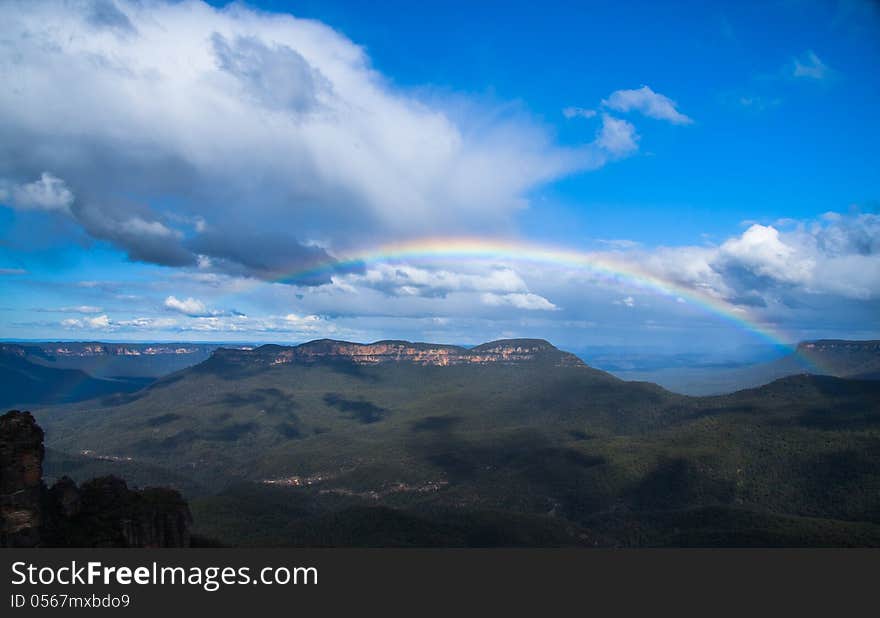 Landscape Rainbow And Green Mountains.