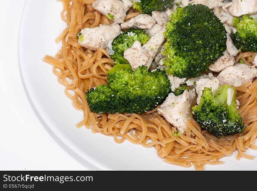 Close up of Stir fried Chinese Garlic Broccoli Chicken with egg noodles ready to serve. Close up of Stir fried Chinese Garlic Broccoli Chicken with egg noodles ready to serve