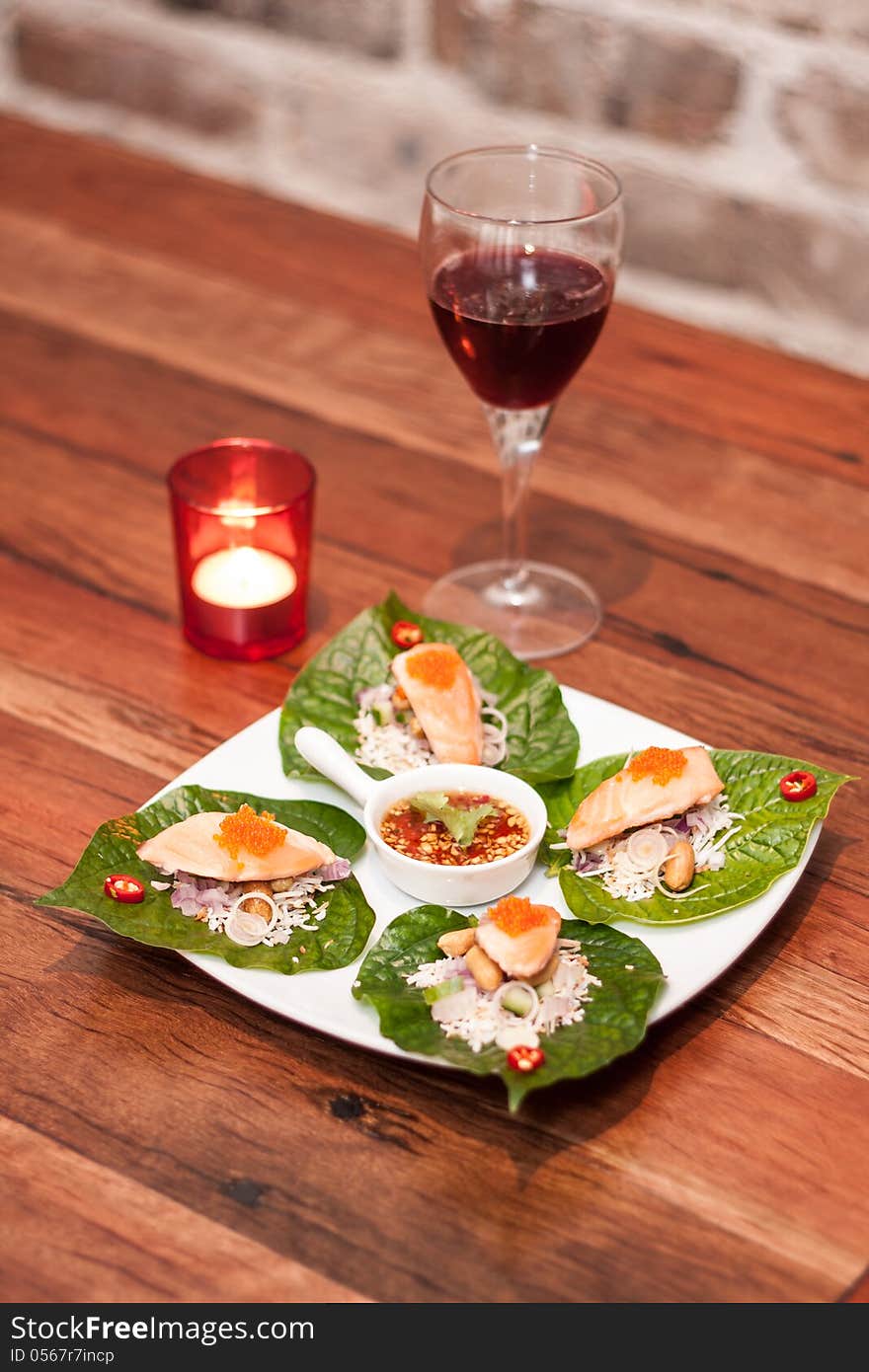 Thai Appetizer With Wine.