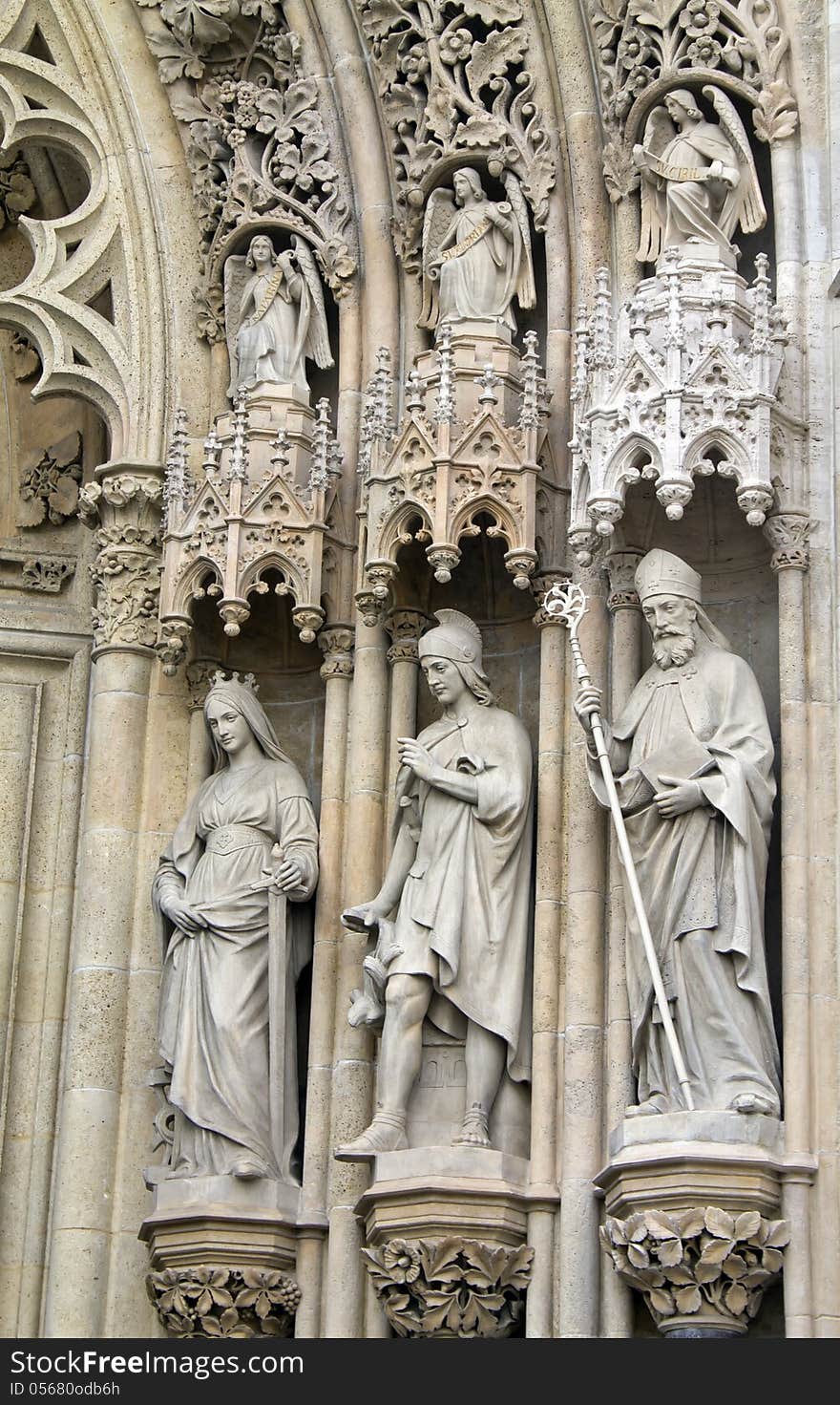 Statues of saints above the entrance of Virgin Mary Cathedral, Zagreb, Croatia