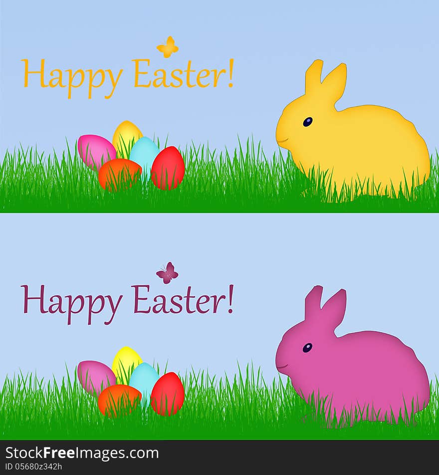 Illustration of Easter bunny with colored eggs and green grass. Illustration of Easter bunny with colored eggs and green grass.