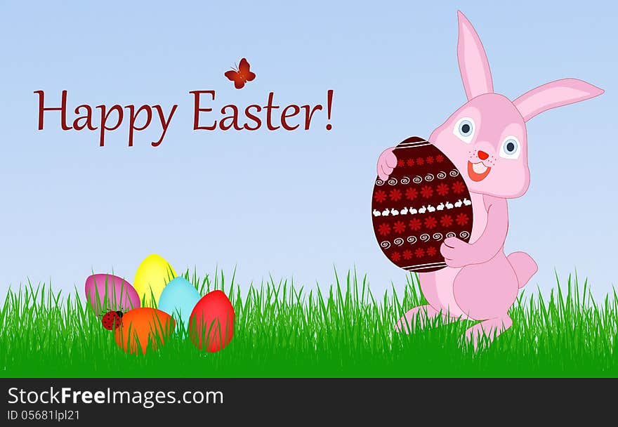 Illustration of Easter bunny with colored eggs and green grass. Illustration of Easter bunny with colored eggs and green grass.