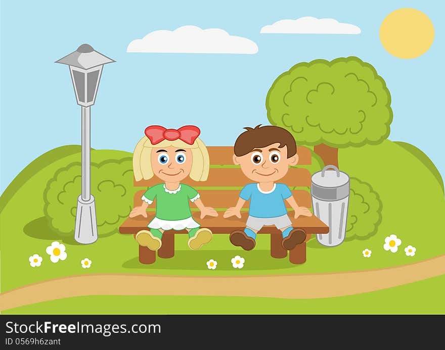 Kids sitting on bench. Vector illustration