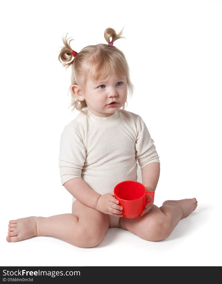 Girl with a pot on a white background