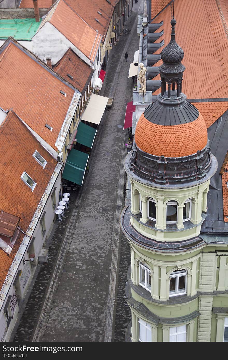 View of the Slovenian city from the spire of the Maribor cathedral. View of the Slovenian city from the spire of the Maribor cathedral