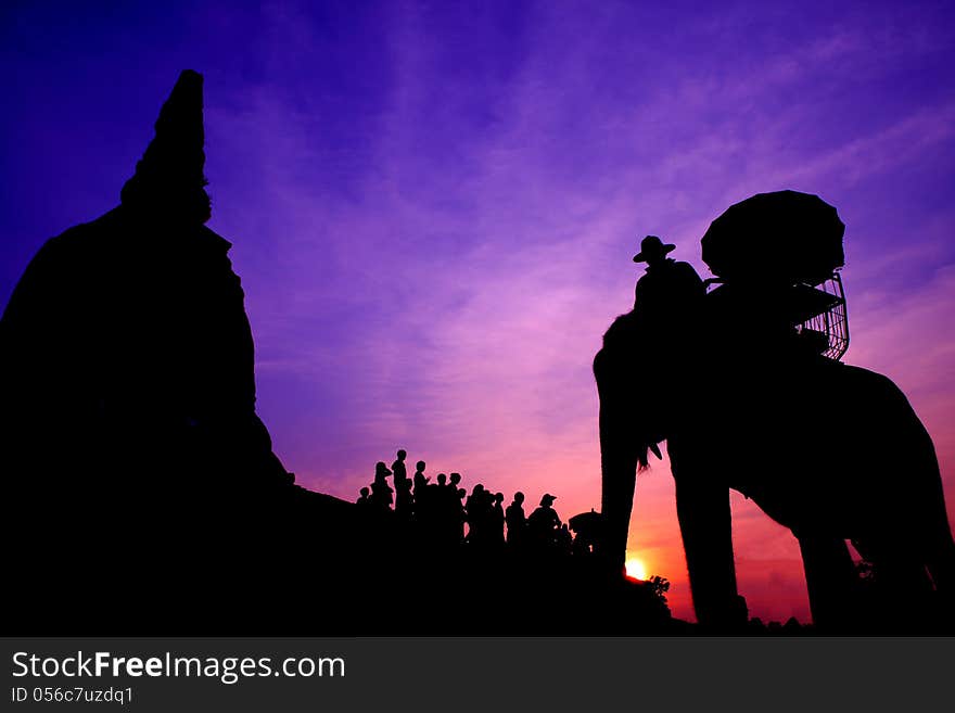 Elephant and Tourist silhouette in thailand. Elephant and Tourist silhouette in thailand