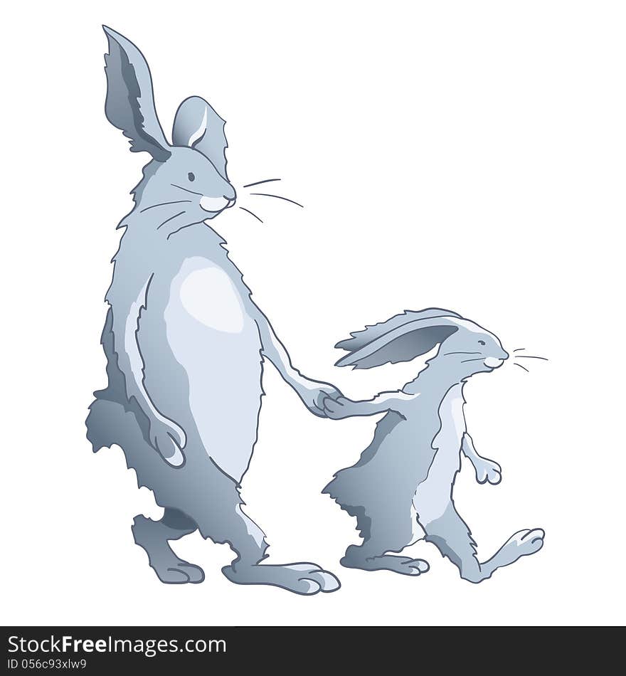 Rabbits family - walking cartoon dad and son. Rabbits family - walking cartoon dad and son