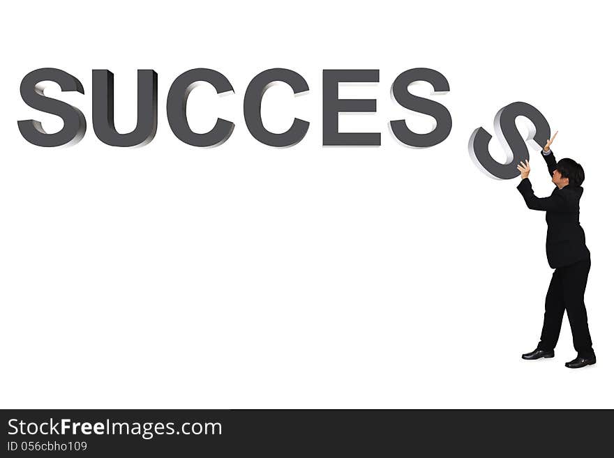 Young businessman with success 3d text, Isolated over white, Success in business concept