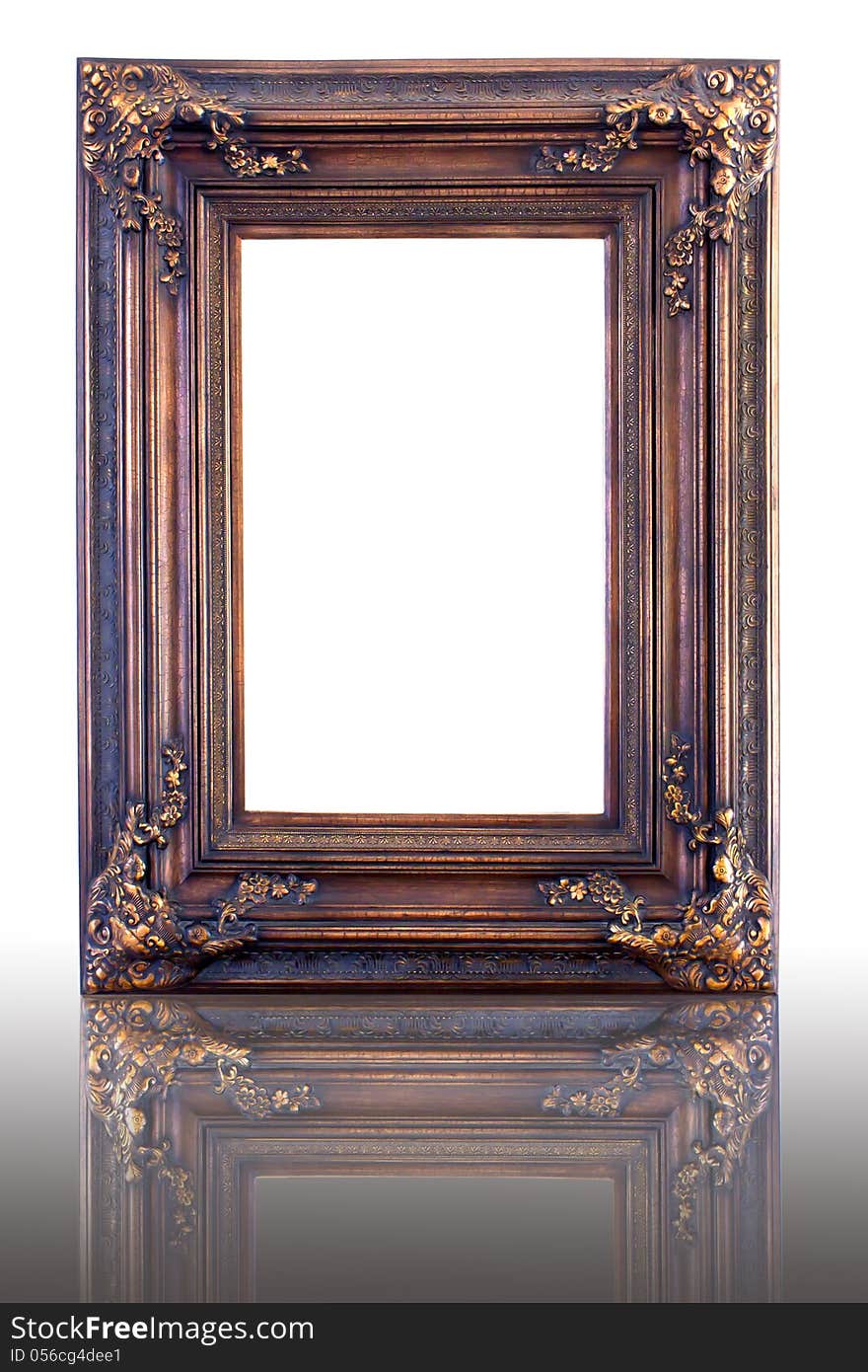 Antique look gold color picture frame isolated on white.