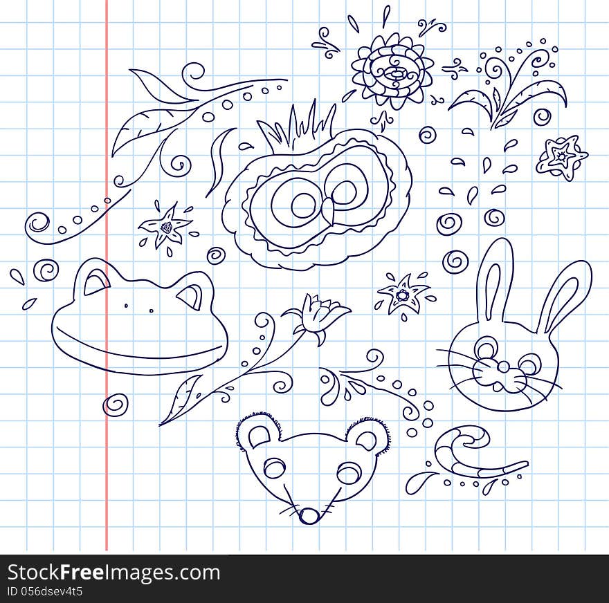 Floral and animal doodles drawing in vector