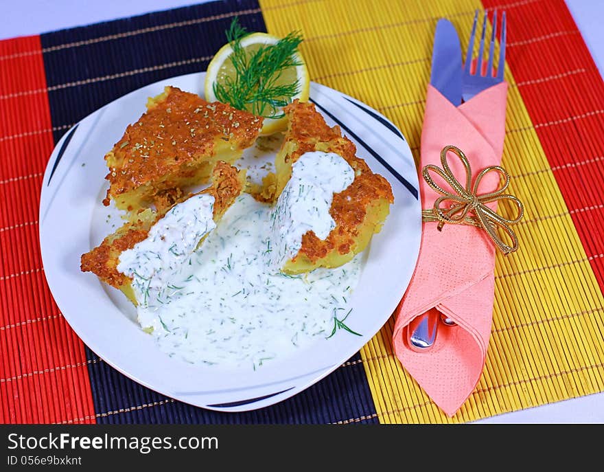 Vegetarian Moussaka with garlic and dill yoghurt sauce. Vegetarian Moussaka with garlic and dill yoghurt sauce