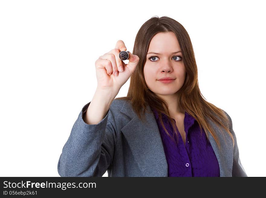 Young woman drawing on glass panel - isolated