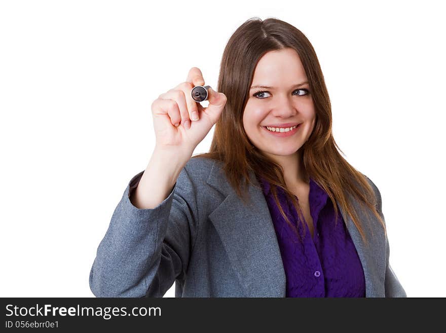 Young woman writing on a glass panel - isolated