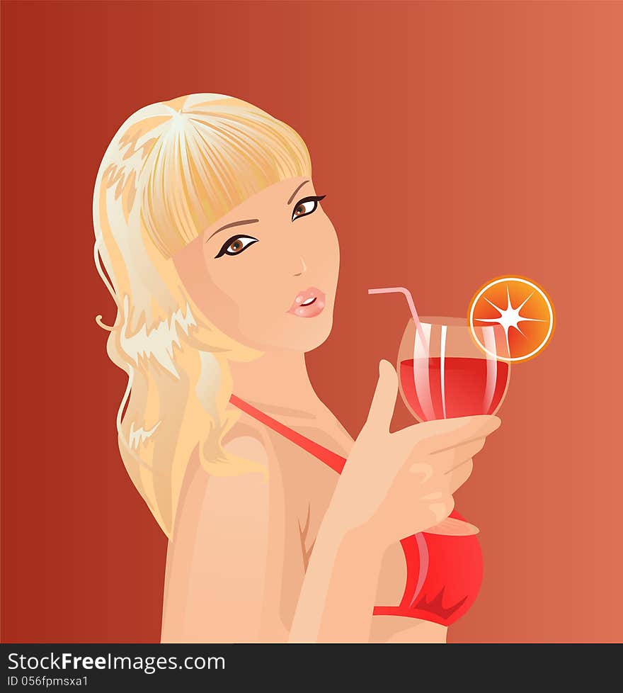 A girl in a swimsuit with a cocktail. A girl in a swimsuit with a cocktail