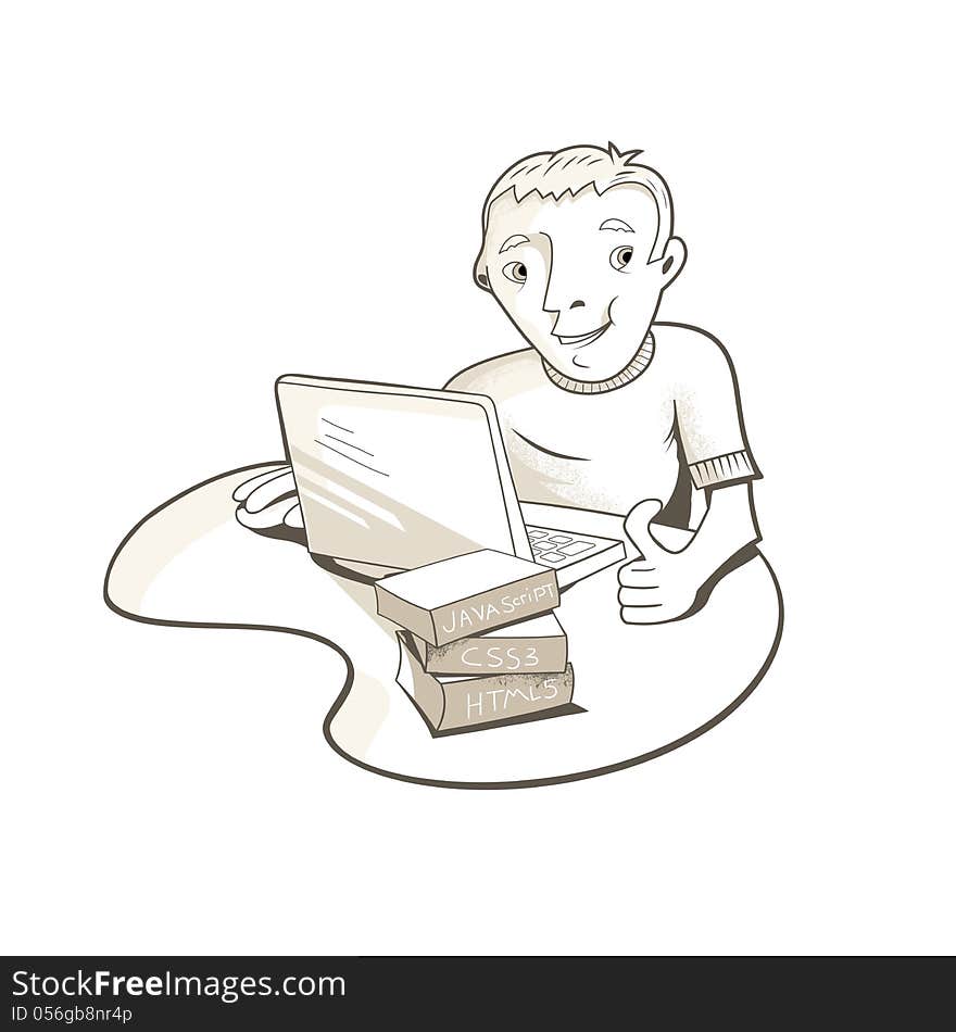 Illustration of a happy man, using a laptop. Illustration of a happy man, using a laptop