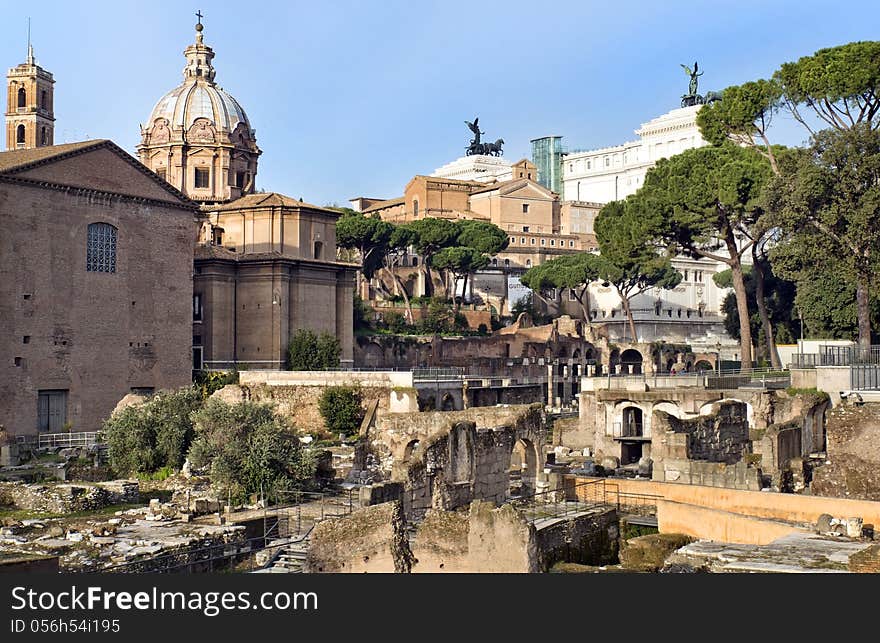 View of the ruins of the Forum Romano and the Capitol Hill, Rome, Italy, a series of tour of Rome. View of the ruins of the Forum Romano and the Capitol Hill, Rome, Italy, a series of tour of Rome