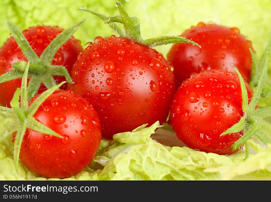 Fresh and wet tomatoes lying on the salad leaves