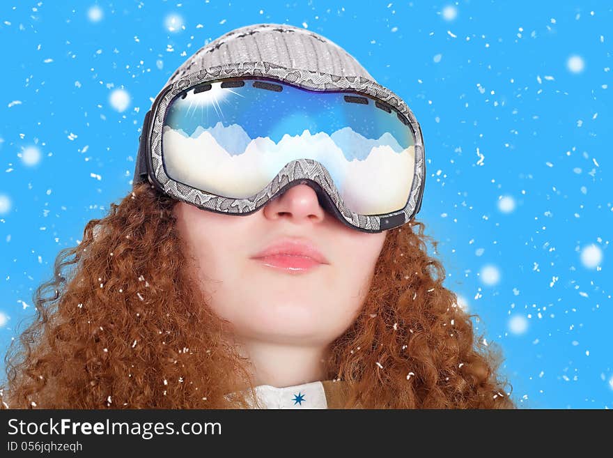 Curly cute girl with glasses Snowboard winter