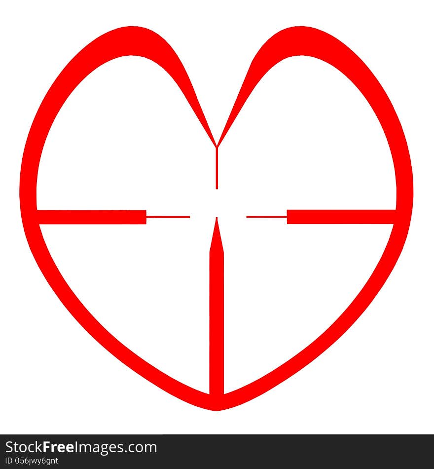 Red heart as sniper rifle sight is isolated on white background. Metaphor for valentine, medical, cardiac targets. White area is free for your text or targeted subject. Red heart as sniper rifle sight is isolated on white background. Metaphor for valentine, medical, cardiac targets. White area is free for your text or targeted subject.