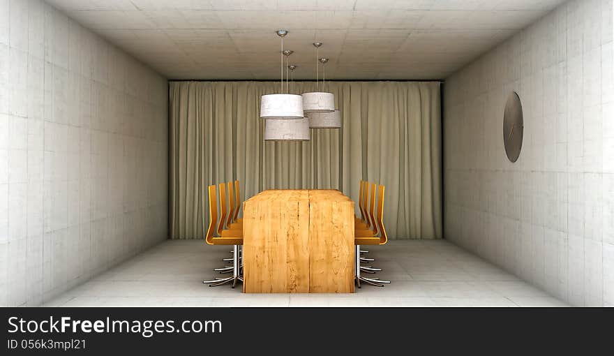 An minimalist meeting room rendering