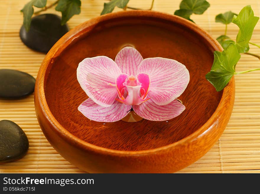 Spa concept with stones, pink orchids and water