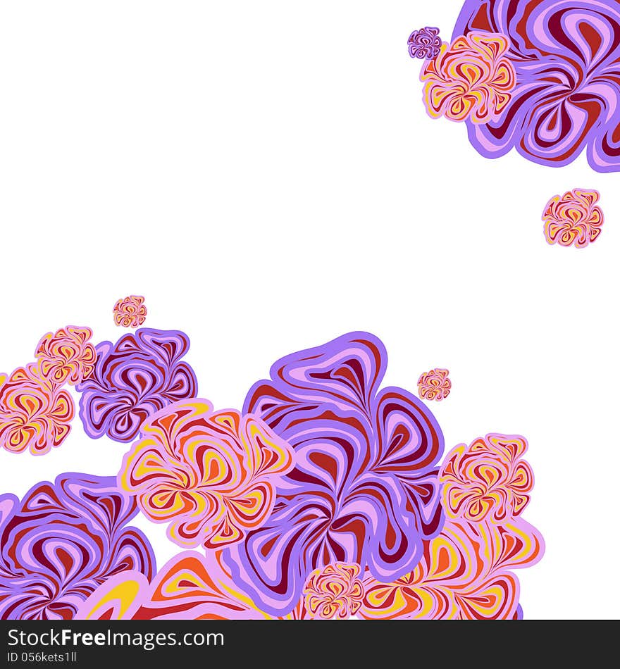 Abstract design with lilac-pink floral elements in two corners on white background. Abstract design with lilac-pink floral elements in two corners on white background.