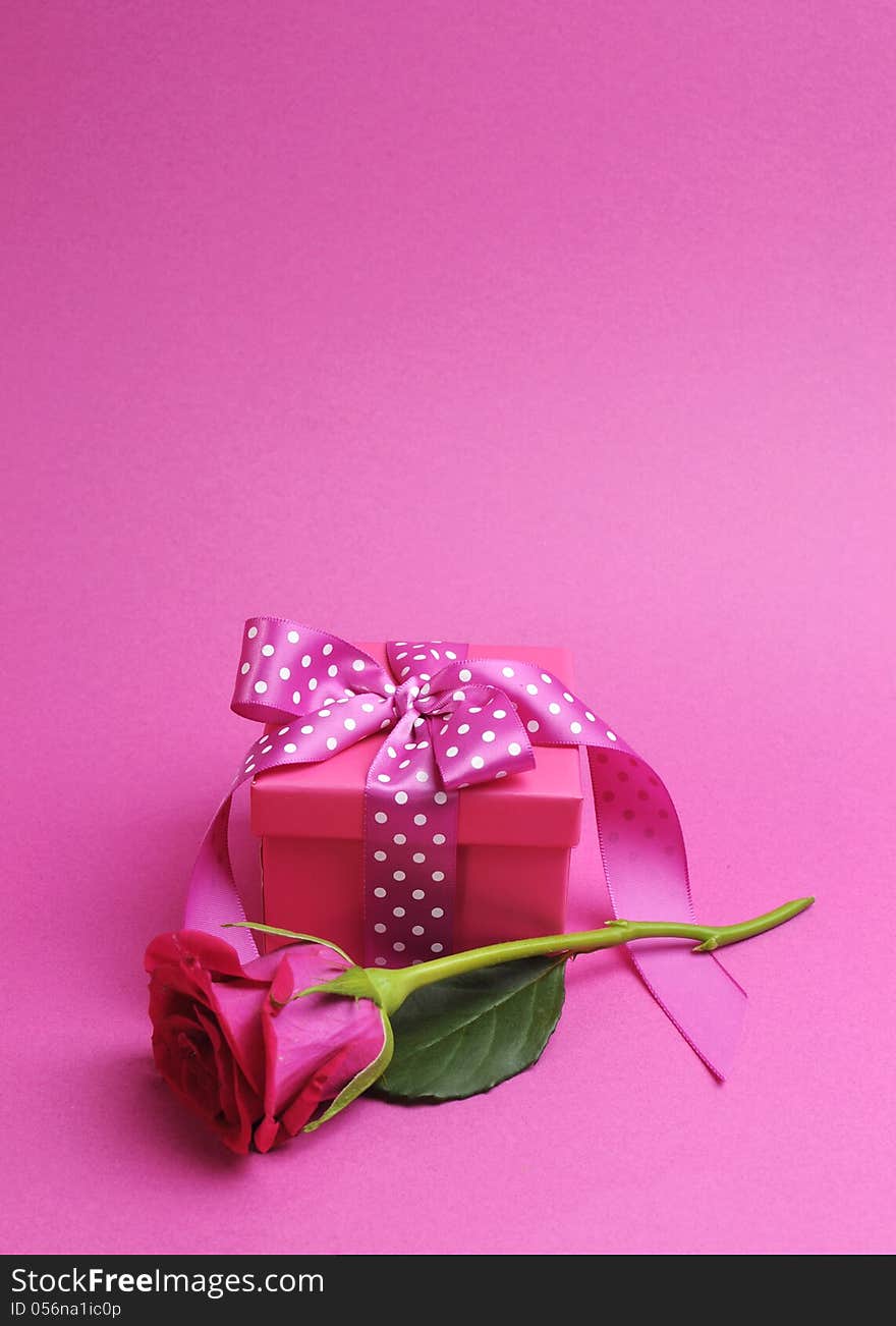 Pretty pink gift with polka dot pink ribbon and pink rose against a pink background, for Valentine, Christmas, birthday or Mothers Day. Pretty pink gift with polka dot pink ribbon and pink rose against a pink background, for Valentine, Christmas, birthday or Mothers Day