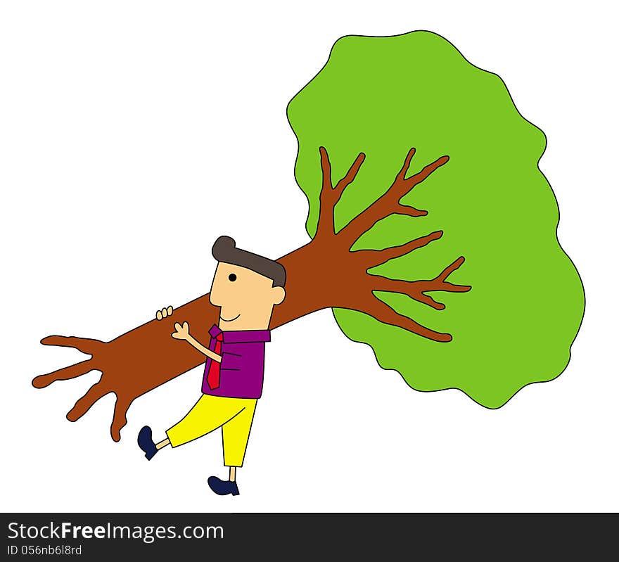 Cartoon illustration of a business man carrying a tree. Cartoon illustration of a business man carrying a tree