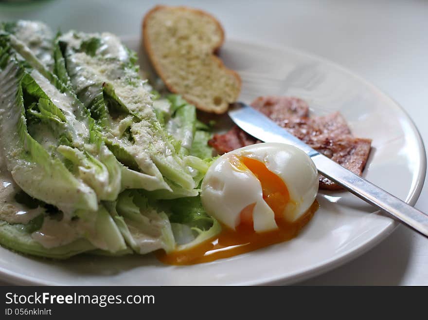 Fresh healthy salad with bread and croutons and egg. Fresh healthy salad with bread and croutons and egg