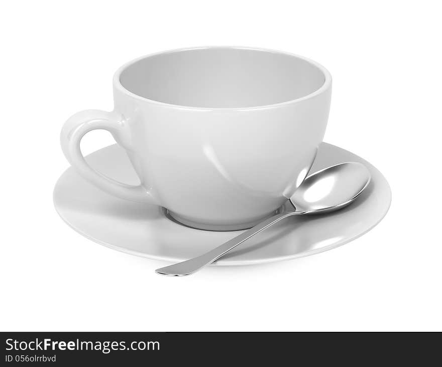 White Cup with Spoon and Saucer Isolated on White Background. White Cup with Spoon and Saucer Isolated on White Background.