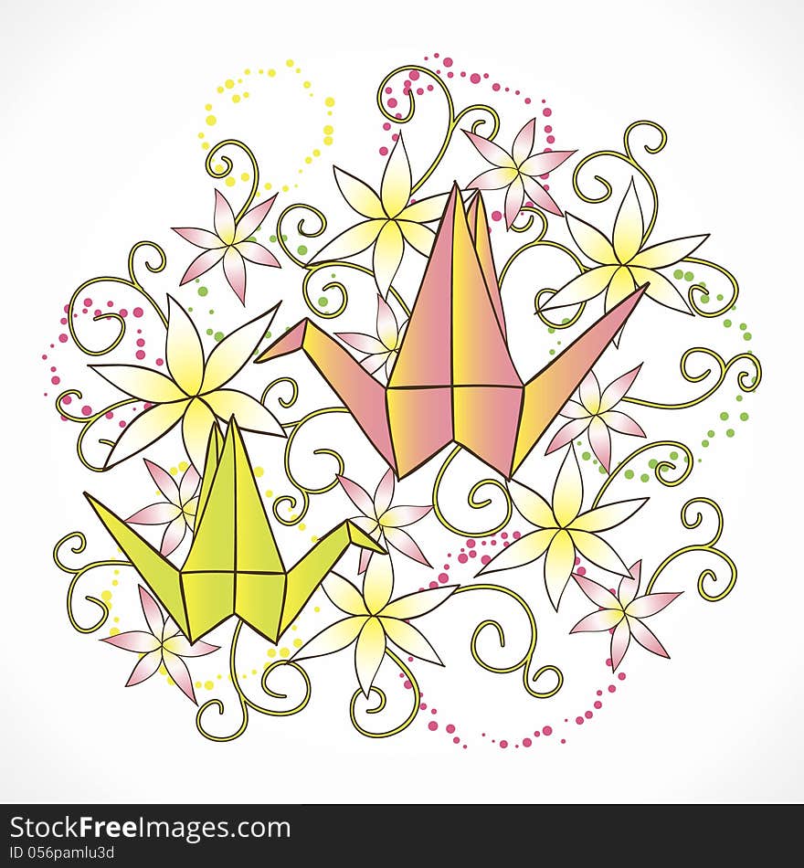 Vector bright background with origami and flowers