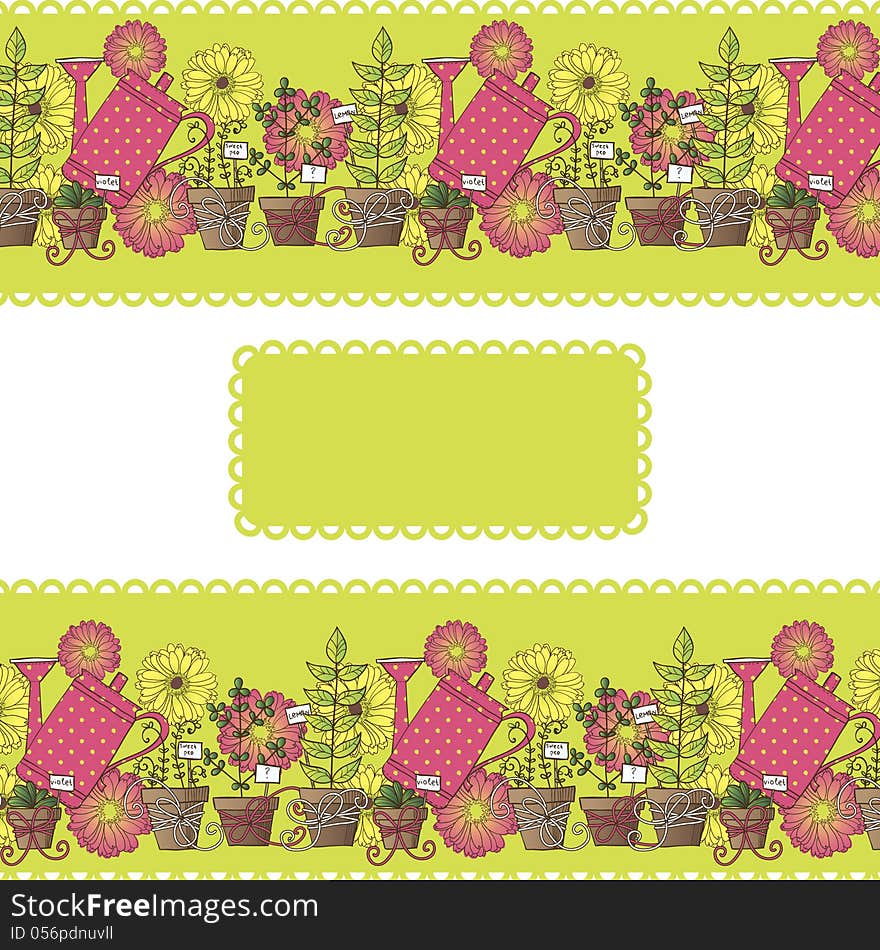 Vector bright background with flowers, plant and watering pot. Vector bright background with flowers, plant and watering pot