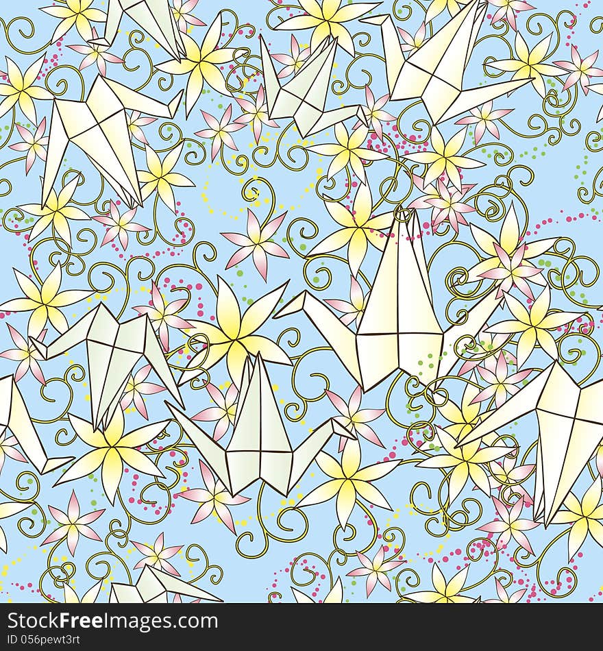 Vector bright seamless background with origami and flowers