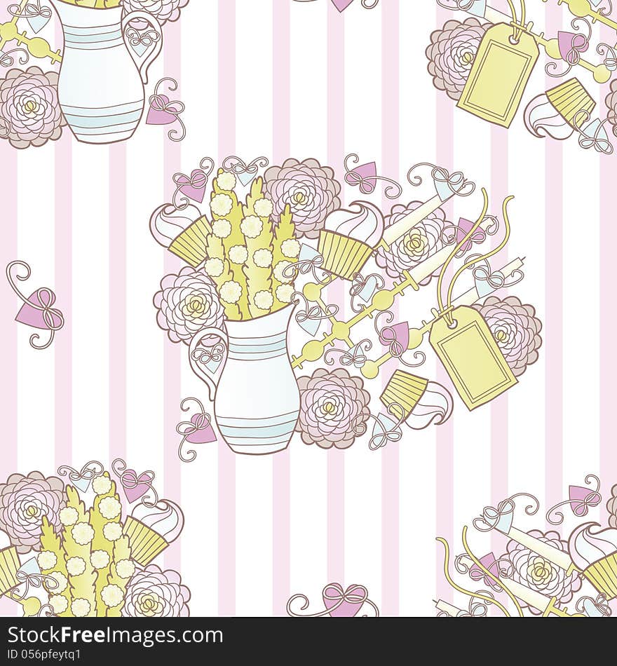 Vector seamless background with flowers and cakes. Vector seamless background with flowers and cakes