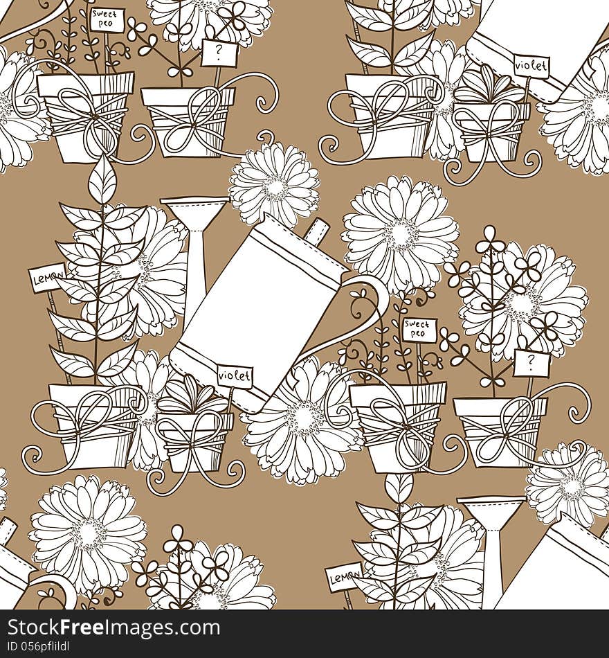 Vector bright background with flowers, plant and watering pot. Vector bright background with flowers, plant and watering pot