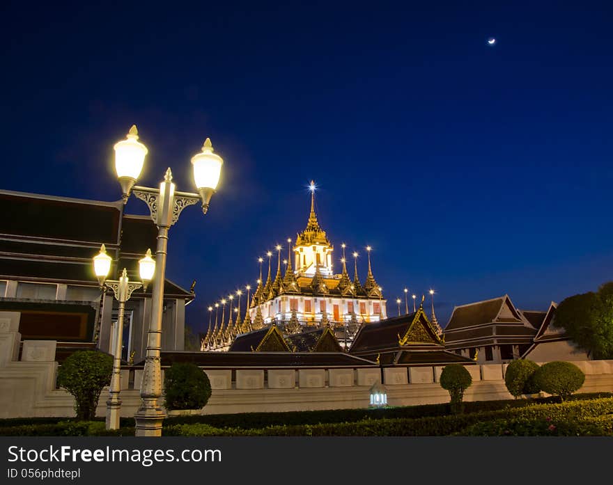 Iron temple Loha Prasat in Wat Ratchanatdaram Worawihan in night, Bangkok, Thailand