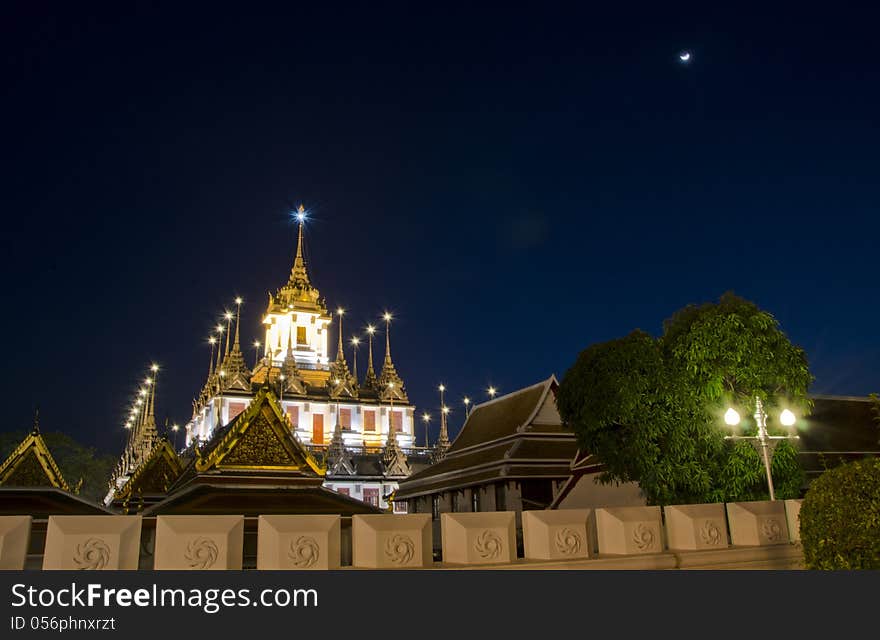 Twilight at Wat Ratchanatdaram Worawihan Temple in Bangkok, Thailand