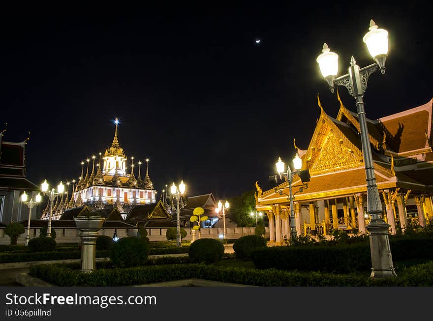 Lohaprasat in Wat Ratchanatdaram Worawihan, beautiful temple at night, Bangkok, Thailand