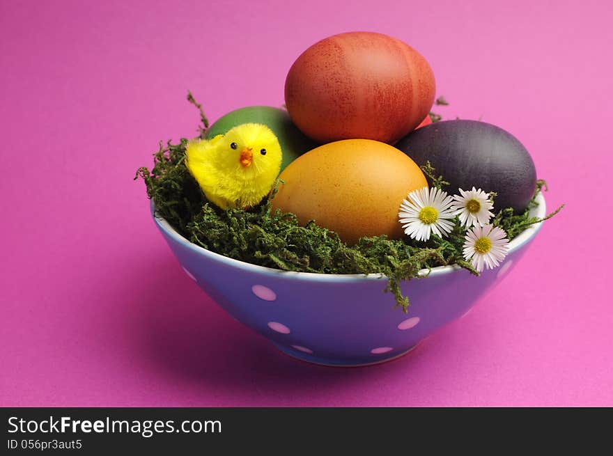 Happy Easter Still Life Against A Pink Background.