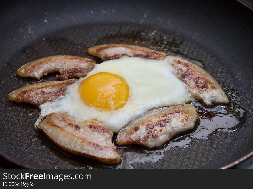 Fried bacon and eggs cooking in a skillet