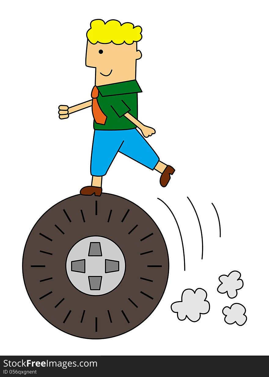 A man running above a rolling wheel. A man running above a rolling wheel