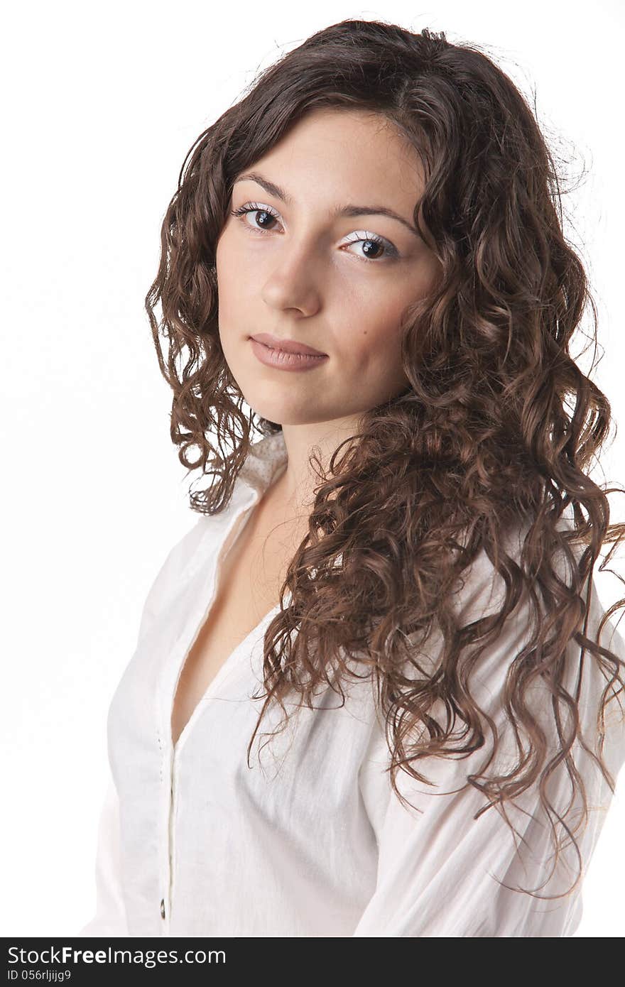 Pretty girl with long brown hair portrait isolated white. Pretty girl with long brown hair portrait isolated white