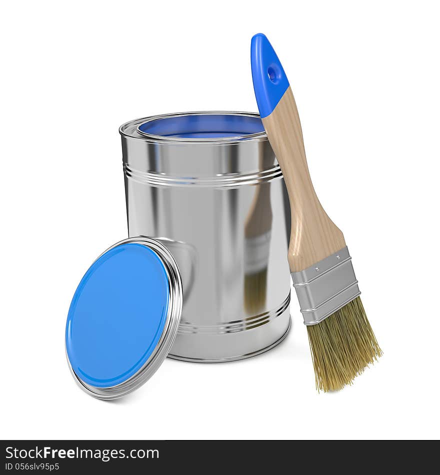 Paint Can with Blue Paint and Paintbrush Isolated on White Background. Paint Can with Blue Paint and Paintbrush Isolated on White Background.