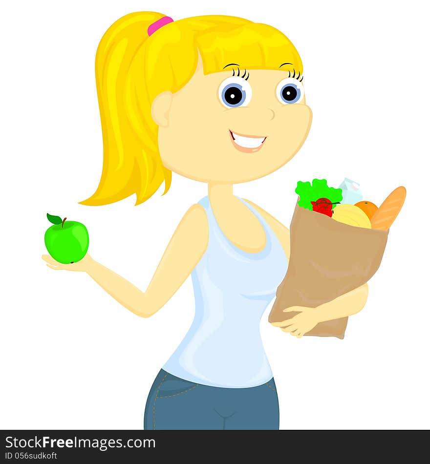 The slender girl bought a healthy and tasty food. The slender girl bought a healthy and tasty food