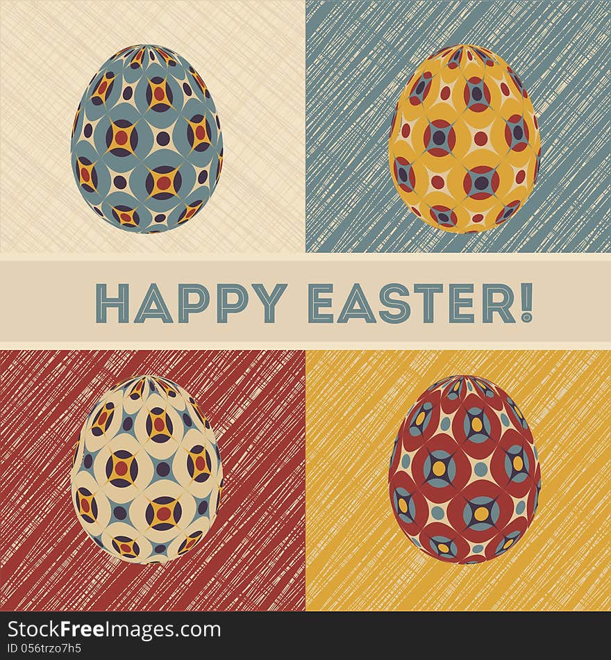 Easter card in retro colors design with patterned eggs and banner. Easter card in retro colors design with patterned eggs and banner.