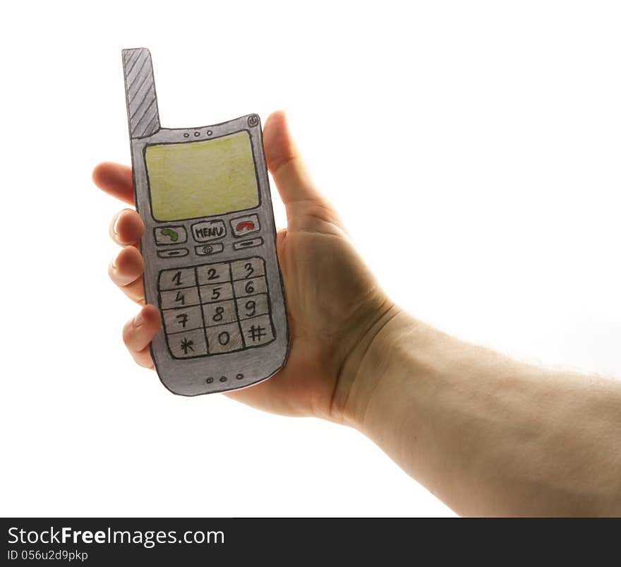 Man hand with drawing paper mobile phone isolated. Man hand with drawing paper mobile phone isolated