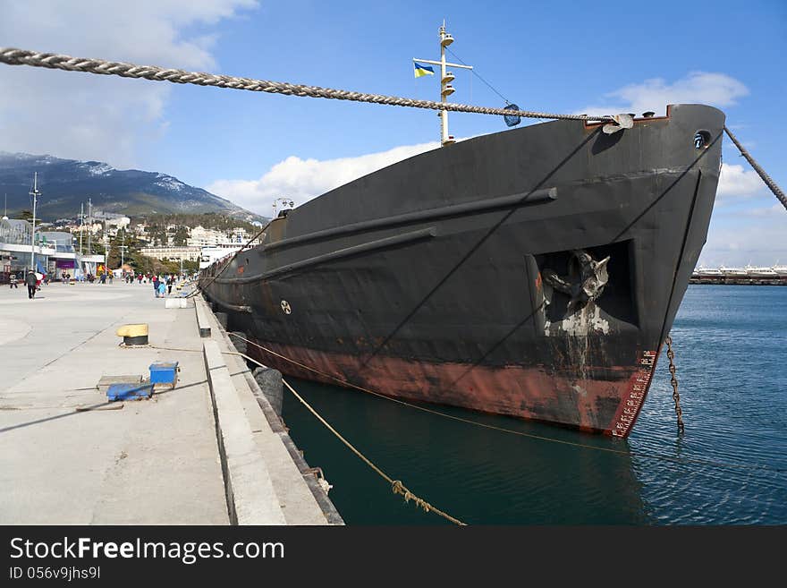 Cargo ship docked in port of Yalta