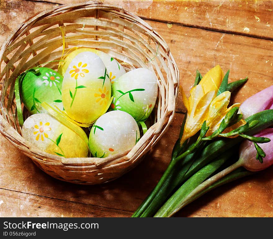 Vintage photo of Easter eggs in basket