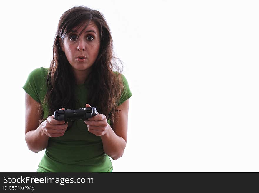 Female shocked with a console game