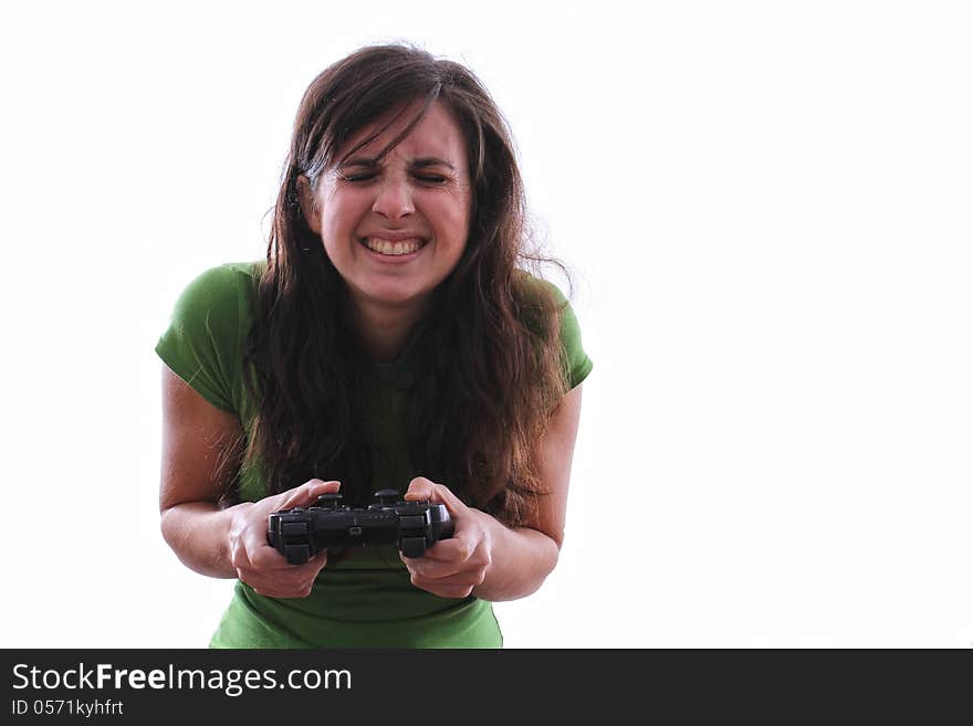 Female nervous playing a console game